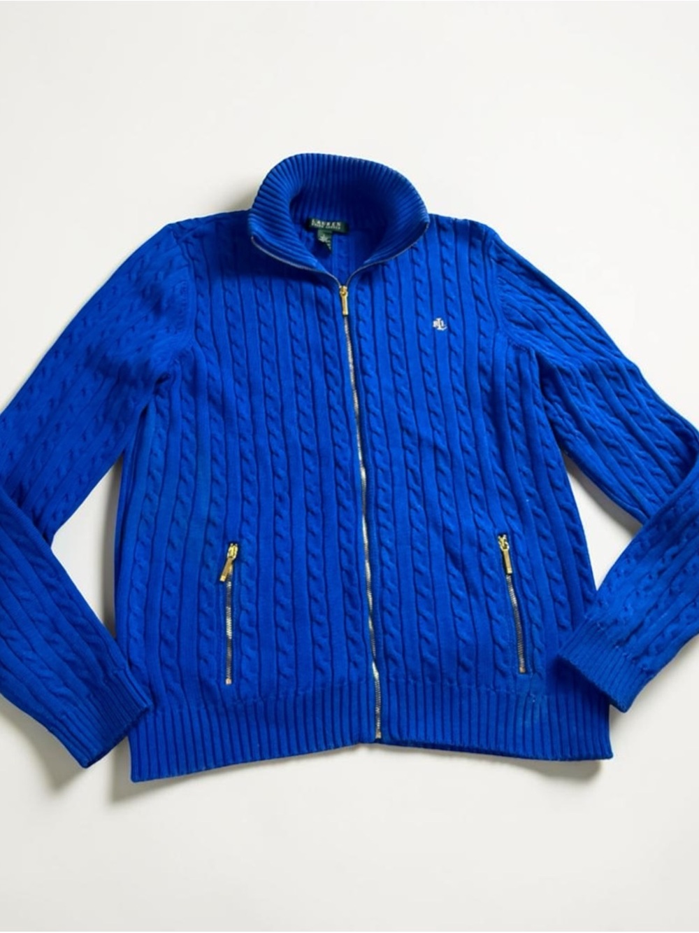 Ralph Lauren Women’s Cable-Knit Zip Cardigan in Royal Blue with Gold Zippers